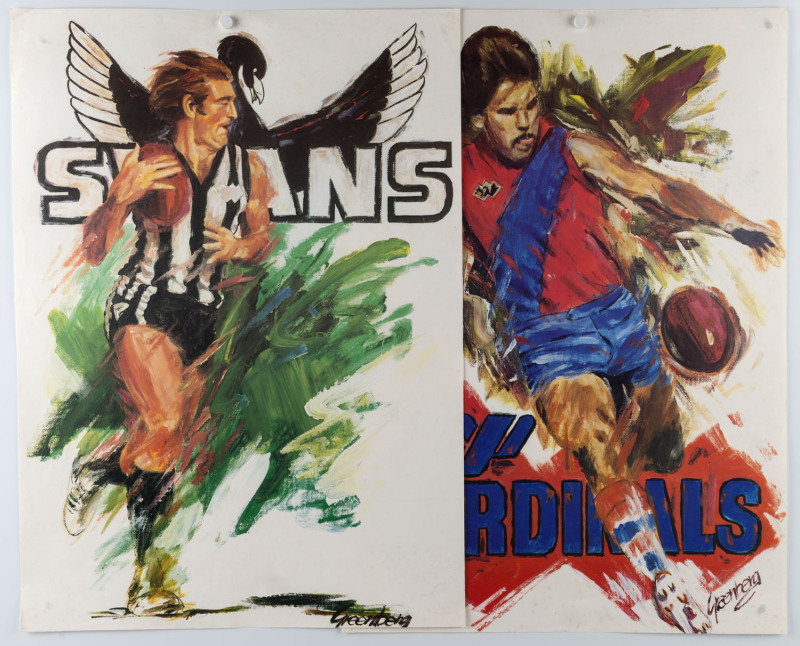 JOSEPH GREENBERG (1923 - 2007) WAFL posters, circa 1980, as issued, for the Demons, the Royals, the Cardinals, and the Swans,  each poster signed by Greenberg in the plate but without the "SPORTSPLAN MARKETING PTY LTD" imprint previously noted. All approx