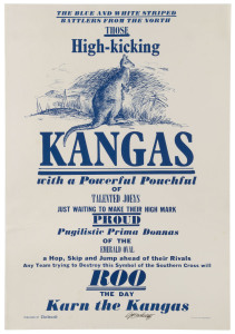 NORTH MELBOURNE: "Those High-kicking Kangas with a Powerful Pouchful of Talented Joeys" issued poster for the Herald-Sun, with small copyright symbol and "1972 Joe Greenberg" at lower right; additionally, signed in pen by the artist. 48 x 31.5cm. Believed to be unique; coming from the Estate of the artist who died in 2007.