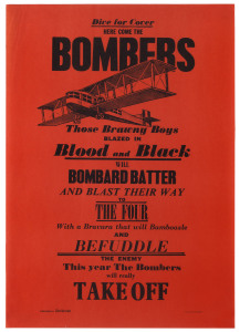 The Joe Greenberg poster: A goup of the Herald-Sun poster, as issued, together with a folder containing some of the advertisements that accompanied their release in March 1972. Present are Essendon (black on red stock), Footscray, Geelong, Melbourne, North Melbourne and St. Kilda. (6 + folder). All approx. 50 x 34cm.