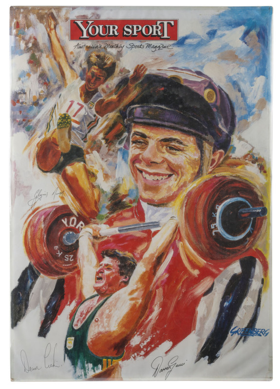 A poster for "YOUR SPORT" magazine, circa 1985, featuring the portraits and original signatures of Darren GAUCI, Glynis NUNN and Dean LUKIN; artwork by Joseph Greenberg, who has signed in the plate. 71 x 48cm. From the Estate of the artist, who died in 20