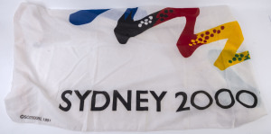 SYDNEY 2000: Sydney 'Applicant City' flag showing a screen-printed stylized image of the vaulted arches of the Sydney Opera House, with 'SYDNEY 2000' in black beneath; 190x89cm, copyright marking 'SO2000BL1991', made by K.A.M.S. Products (Stanmore, NSW).