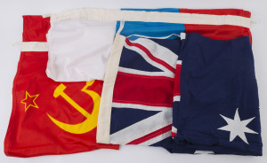 FLAGS: flags comprising Australia (90x185cm), plus Serbia and USSR, each 85x110cm, the former two believed to have been used at Sydney 2000 Olympics, the USSR flag at a previous Olympiad.