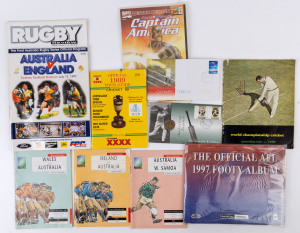 ASSORTMENT: with AFL: 'The Official AFL 1997 Footy Album' (containing official team photos); CRICKET: "World Championship Cricket - Australian Tour 1968" brochure, 1989 Ashes Official Tour Guide, 1997 Don Bradman Australian Legends philatelic/numismatic cover (PNC), 2000 Olympic Torch Relay Cover; RUGBY: 1991 Rugby World Cup official programmes for Australia v W.Samoa & Australia v Wales (Pool Games) and Australia v Ireland (Quarter Final),