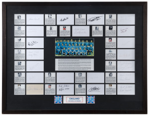 ENGLAND: THE 1966 WORLD CUP SQUAD, a display comprising 21 signed cards, mounted with a team photo and biographies of each player, including (of course!)  Bobby Charlton, Geoff Hurst, Gordon Banks, Alan Ball & Jimmy Greaves, framed & glazed, overall 98 x 