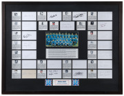 ENGLAND: THE 1966 WORLD CUP SQUAD, a display comprising 21 signed cards, mounted with a team photo and biographies of each player, including (of course!)  Bobby Charlton, Geoff Hurst, Gordon Banks, Alan Ball & Jimmy Greaves, framed & glazed, overall 98 x