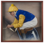 Bert Newton, beloved TV & Stage personality, presented in racing colours, blue with yellow sleeves and cap, mounted in a 3D display with him as a jockey riding race horse number 1, framed & glazed, overall 74 x 74cm. Believed to have been created for New