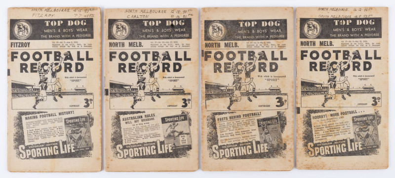 "THE FOOTBALL RECORD": 1950 editions for Home-and-Away rounds 3, 5, 7, & 14, all involving North Melbourne; annotations & aging. (4) North Melbourne reached the Grand Final for the first time since joining the VFL in 1925.