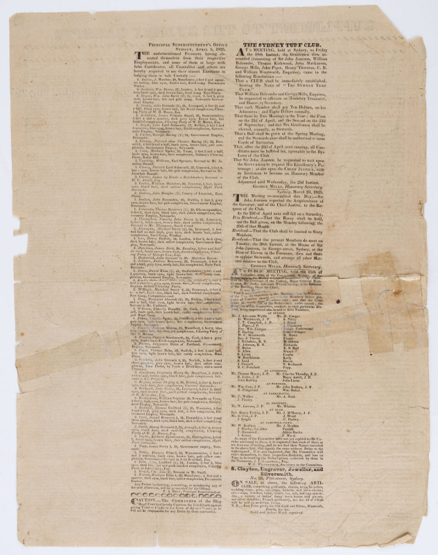 ESTABLISHMENT OF THE SYDNEY TURF CLUB: 23 March 1825 supplement to the Sydney Gazette with a report on the establishment of the first Sydney Turf Club on 18th March 1825. The sheet with with some repaired tears, though no loss of text.