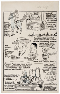 Two original horse racing themed cartoons; one by "WEG" and one by "WELLS", the latter also including references to the Test Cricket. (2). The larger, 46 x 28cm.