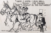 Two original horse racing themed cartoons; one by "WEG" and one by "WELLS", the latter also including references to the Test Cricket. (2). The larger, 46 x 28cm. - 2