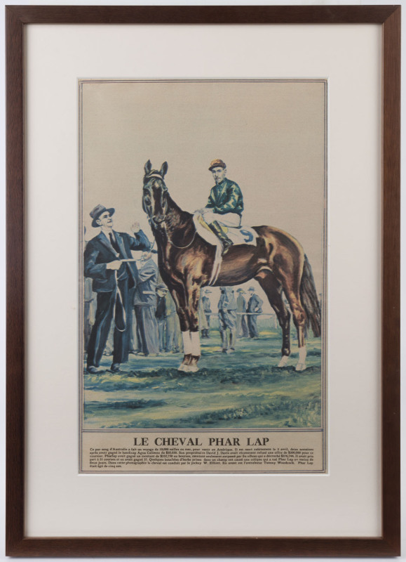 "LE CHEVAL PHAR LAP" a large coloured photogravure supplement from a French magazine, early 1932. Phar Lap is shown with Billy Elliott in the saddle and Tommy Woodcock welcoming them. Attractively framed and glazed, 57 x 40.5cm.