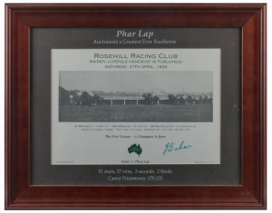 "Phar Lap - Australasia's Greatest Ever Racehorse" photographic display featuring Phar Lap's first win, the Maiden Juvenile Handicap at Rosehill on 27th April 1929; signed by the jockey on that day, JACK BAKER. No.95 from a limited edition of 350. Framed 