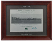 "Phar Lap - Australasia's Greatest Ever Racehorse" photographic display featuring Phar Lap's first win, the Maiden Juvenile Handicap at Rosehill on 27th April 1929; signed by the jockey on that day, JACK BAKER. No.95 from a limited edition of 350. Framed