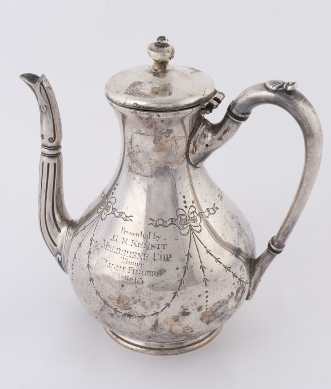 A silver plate coffee pot by James Dixon & Sons, with the engraved legend: "Presented by G.R. KENSIT, MELBOURNE CUP Winner LIGHT FINGERS 1-11-1965". 