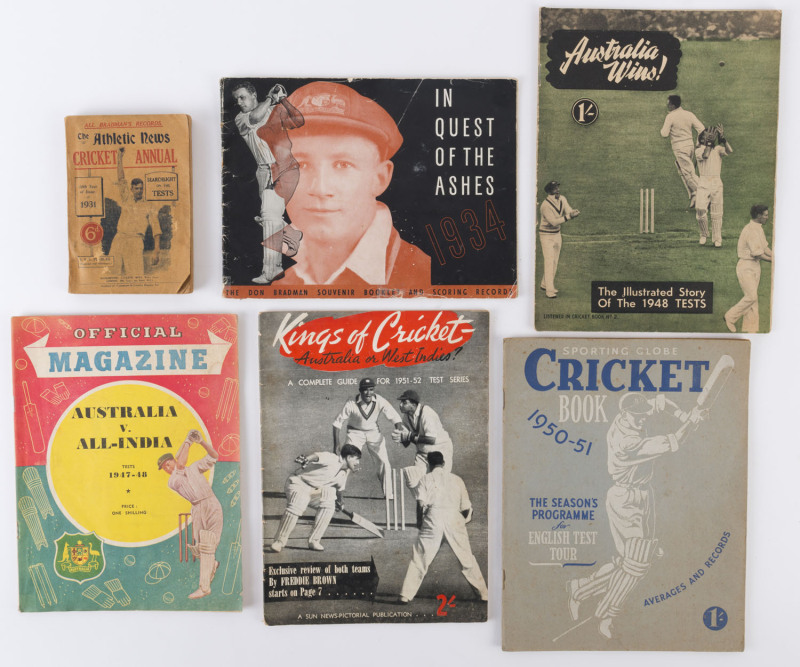 A small range of publications including 1931 "The Athletic News Cricket Annual", "In Quest of the Ashes 1934" (by Wrigley's), "Official Magazine AUSTRALIA v INDIA 1947-48", "Australia Wins! The Illustrated Story of The 1948 Tests", "Sporting Globe Cricket