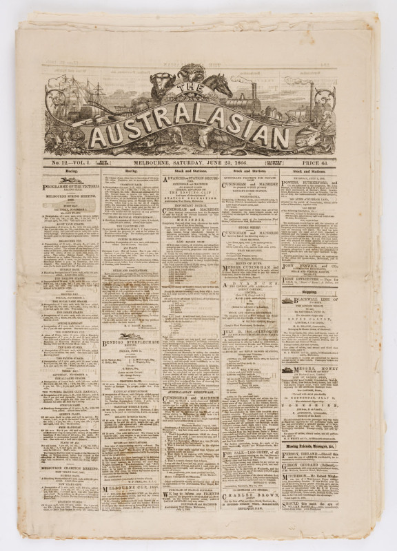 THE 1866 MELBOURNE CUP & SPRING RACE MEETING: "The Australian" newspaper, complete edition for Saturday, June 23, 1866. The lead story on the front page provides the "Programme of the Victorian Racing Club : Melbourne Spring Meeting 1866", with a list of