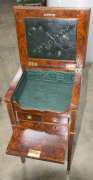 An antique lady's lift-top work table, amboyna with string inlay, silk lined interior with two drawers and leather implement compartments under the lid, 19th century, 77cm high, 42cm wide, 37cm deep - 8