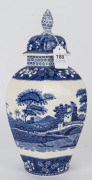 SPODE pair of English porcelain blue and white "Blue Tower" lidded mantel vases, 20th century, black factory mark to base, 33cm high - 7