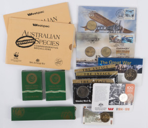 Medallions & Badges: AUSTRALIA: 1990s-2000s commemorative medallions comprising 1992 Westpac RAM "Endangered Species" medallion sets (2), 2014 Perth Mint ACAUA Reunion gold plated medals (2), 2015 Sunday Mail 'ANZACS' medallion (3), undated medallions for "The Great War" and "Australians at War - Battle of Isurava", also Perth Mint boxed "Two-Up" game with gold plated 1952 & 1964 Pennies, 2014 Anniversary of First Airmail and Centenary of Military Aviation & Submarine PNCs