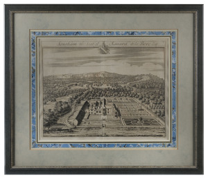 A set of six framed 18th century English engravings of country seats and houses including: I.) "Sherborn, The Seat of Sir Ralph Dutton Bar.t" II.) "Wotton, The Seat of Tho. Horton Esq." III.) "Kempsford, The Seat of The Lord Viscount Weymouth" IV.) "Leckh
