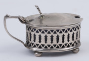 Five assorted sterling silver mustard and condiment pots with original glass liners, 20th century, the largest 11cm high, 9cm wide - 12