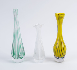 Three Czechoslovakian glass vases with striped decoration, mid 20th century, the largest 28cm high