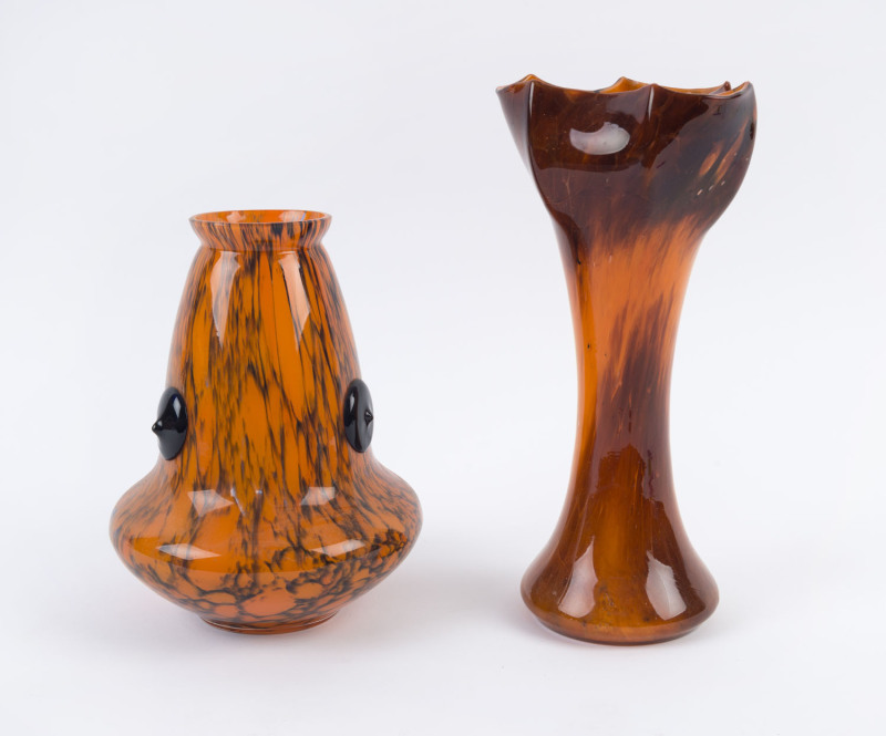 Two Bohemian orange and black glass vases, early 20th century, ​28cm and 22cm high