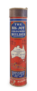 "THE BIG JOY BUILDER' construction toy by Joy Toys (Australia), incomplete but retaining numerous wooden rods and 11 spools, missing the windmill blades & directions booklet; comes in the original sturdy tube container; c.1940s. Rare survivor.