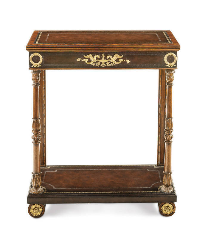 A walnut veneered console table labelled Maitland Smith