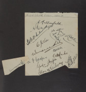 AUSTRALIAN TEST, SHEFFIELD SHIELD & INTERNATIONAL CRICKETER AUTOGRAPHS: A collection of autographed displays, team sheets & signed postcards in an album; including Ted a'Beckett (4 Tests), Jack Moroney (7 Tests), Jim de Courcy (3 Tests), Graeme Watson (5 - 9