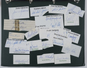 AUSTRALIAN TEST CRICKETER AUTOGRAPHS: A collection of autographed displays in an album; including 13 Captains. Noted Lindsay Hassett, Ian Craig, Richie Benaud, Neil Harvey, Brian Booth, Bob Simpson, Bill Lawry, Ian Chappell, Graham Yallop, Greg Chappell, - 13