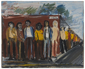 HARALD VIKE (1906 - 1987), Figures waiting in line, 1983, oil on canvas laid down on board, titled and signed lower left, with CofA verso, signed by "Billy Vike", 48 x 57.5cm.