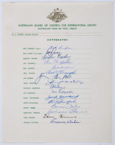 1966-67 AUSTRALIAN TEAM ON TOUR: official team sheet with 16 signatures including Bob Simpson, Bill Lawry, Ian Chappell, Graham McKenzie & Keith Stackpole