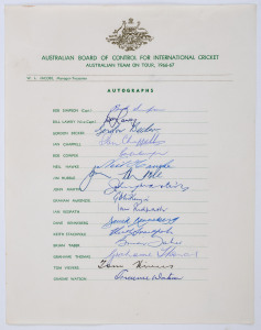 1966-67 AUSTRALIAN TEAM ON TOUR: official team sheet with 16 signatures including Bob Simpson, Bill Lawry, Ian Chappell, Graham McKenzie & Keith Stackpole