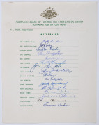1966-67 AUSTRALIAN TEAM ON TOUR: official team sheet with 16 signatures including Bob Simpson, Bill Lawry, Ian Chappell, Graham McKenzie & Keith Stackpole