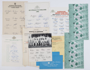 Team Sheets comprising 1966-67 Australian Team on tour with 16 signatures including Bob Simpson, Bill Lawry & Ian Chappell; 1983-84 Australian Team for series against Pakistan including Kim Hughes, Rod Marsh & Allan Border; 1985 Australian Tour Team to England including Allan Border, Andrew Hilditch & David Boon; and for 'Australian Cricket Tour 1985'