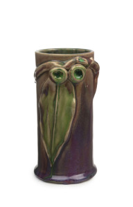 REMUED cylindrical pottery vase with applied gum nuts and leaf, rare purple and green colourway, incised "Remued, Hand Made, 1934", 16.5cm high, 8.5cm diameter