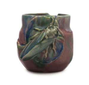 PHILIPPA JAMES pottery jug with applied cicada and gumleaf, glazed in pink, blue and sage green, incised "Philippa James", 7.5cm high, 9cm wide