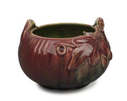 REMUED early pottery bowl with applied fruit and leaves, rare pink colour way with incised decoration, incised "Remued", 11.5cm high, 16.5cm wide