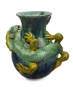 CASTLE HARRIS pottery vase with applied dragon, incised "Castle Harris", 21cm high, 21cm wide