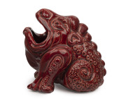 V.A.P. (Victoria Art Pottery) "Grotesque" pottery spoon warmer glazed in burgundy by WILLIAM FERRY, late 19th century, impressed stamp "V.A.P., W. F.", 14cm high, 14cm wide. - 2