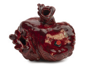 V.A.P. (Victoria Art Pottery) "Grotesque" pottery spoon warmer glazed in burgundy by WILLIAM FERRY, late 19th century, impressed stamp "V.A.P., W. F.", 14cm high, 14cm wide. - 3