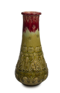V.A.P. (Victoria Art Pottery) mantel vase with incised decoration, glazed in burgundy and olive green, late 19th century, 32.5cm high