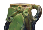 REMUED pottery mantel vase with applied gumnuts, leaves and branch handle, unusual banded decoration, incised "Remued, Hand Made", 21cm high, 13cm wide - 2