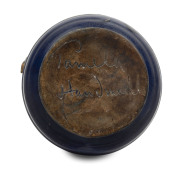 REMUED pottery mantel vase with applied gumnuts, leaves and branch handle, unusual banded decoration, incised "Remued, Hand Made", 21cm high, 13cm wide - 3