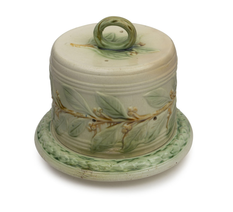 BENDIGO POTTERY cheese dish and cover adorned with berries and leaves, 19th century, impressed anchor mark to base, 17cm high, 19.5cm diameter