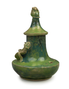 MARGUERITE MAHOOD green glazed pottery lidded vase with two applied dragons, signed "Marguerite Mahood, M.M. B365", 18cm high
