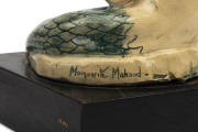 MARGUERITE MAHOOD pottery mermaid statue on original ebonized wooden base, titled "Forsaken Mermaid", circa 1936, incised "Marguerite Mahood" and titled on the plinth, 15.5cm high overall, 13.5cm wide, 13.5cm deep. Illustrated in "AUSTRALIAN ART POTTERY - 4