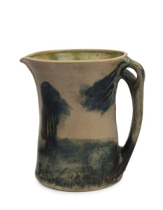 MERRIC BOYD pottery jug with applied wind-swept branch handle and hand-painted rural scene, incised "Merric Boyd, 1928", 16.5cm high, 16.5cm wide