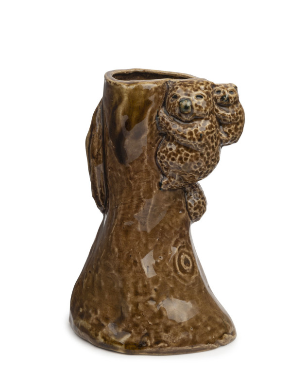 MERRIC BOYD tree stump vase with three applied koalas and wind-swept branches, signed "Koala, VIC, Australia, 1929", 16cm high